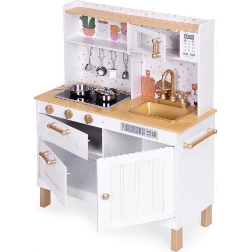 Children's kitchen with sounds and LED wooden large openable cabinets 7 accessories ECOTOYS
