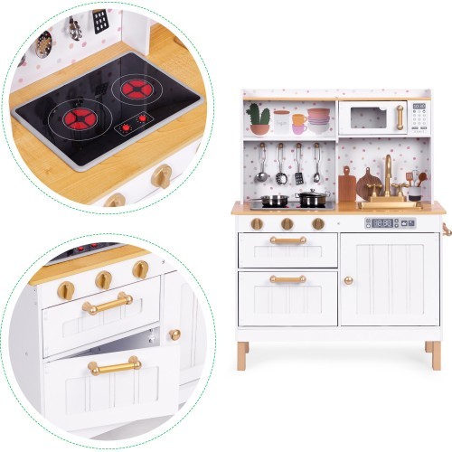 Children's kitchen with sounds and LED wooden large openable cabinets 7 accessories ECOTOYS