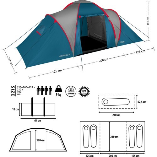 Кемпинговая палатка NC6431 синяя и светло-серая Highland IV Nils Camp