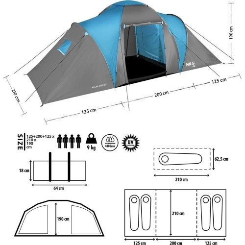 Кемпинговая палатка NC6431 сине-серая Highland IV Nils Camp