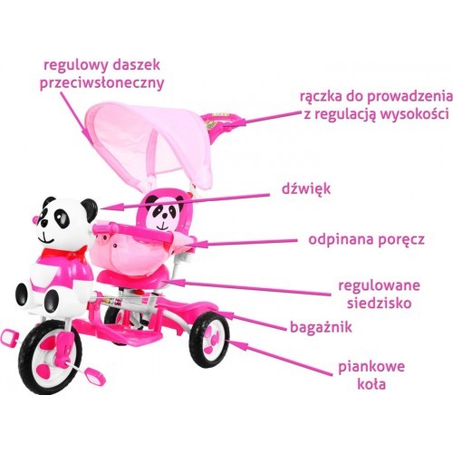 3-wheeled Panda Bike for Kids Pink + Sounds + Roof + Barrier + Footrest + Handle + Storage