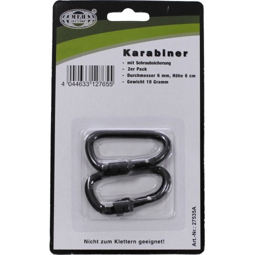 Carabiner D MFH Screw Lock - Black, 6mmx6cm