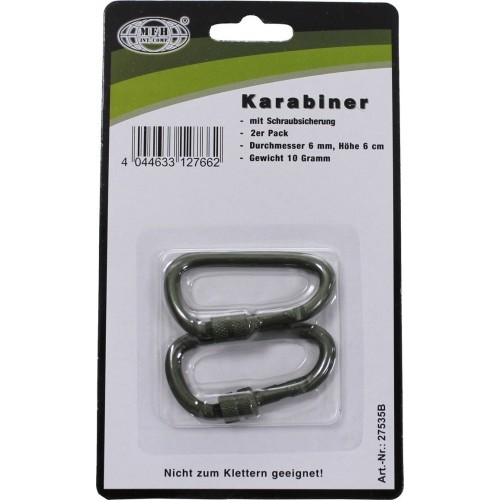 Carabiner D MFH Screw Lock - Green, 6mmx6cm