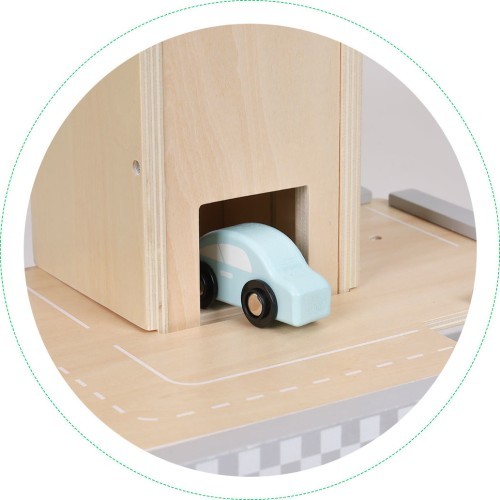 Большая деревянная дорога с гаражом, парковкой и лифтом + машинки ECOTOYS