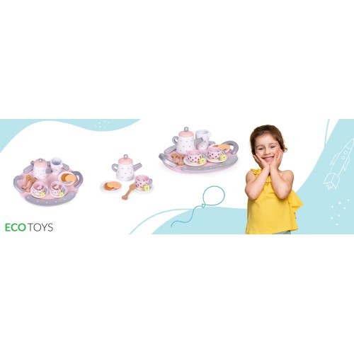 Деревянный набор чайных чашек и чайника, 15 предметов, ECOTOYS