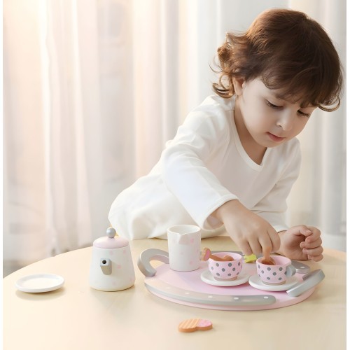 Wooden tea cup kettle set 15 items ECOTOYS