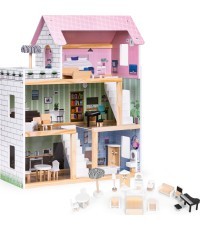 Koka leļļu māja 3 stāvu terase ar 15 mēbeļu komplektu ECOTOYS