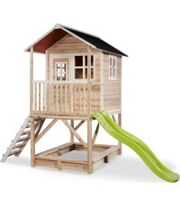 Koka rotaļu māja ar terasi, smilšu kasti un slīdkalniņu Izejas bēniņi 500 Natural