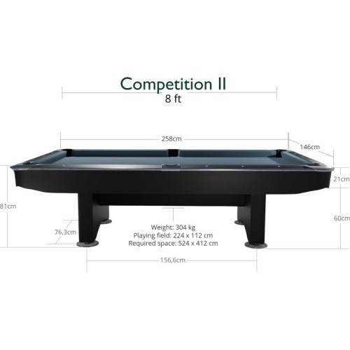 Billiard Table, Pool, Competition II, Black matt, 7 ft., Club Cloth yellow green