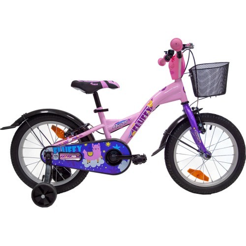 4KIDS Fluffy 16" 1 ātrums, izmērs 9,5" (24 cm), V-Brake un kāju bremzes, tērauda (rozā)