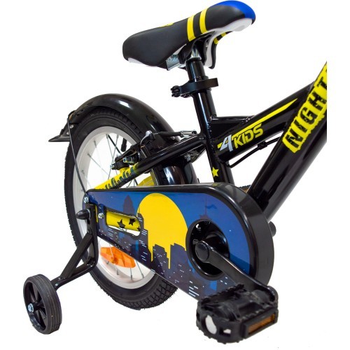 4KIDS Nightman 16" bērnu velosipēds, viena ātruma, tērauda rāmis, izmērs 10" (25,5 cm), melns/zils