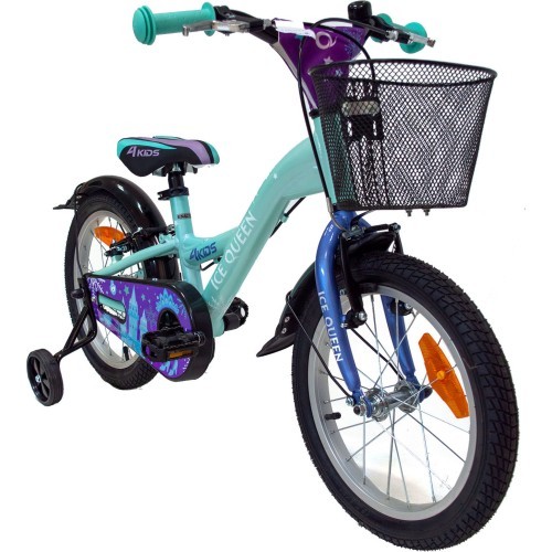 Bērnu velosipēds 4KIDS Ice Queen 16", 1G, izmērs 10" (25,5 cm), V-Brake un kāju bremzes, alumīnijs (gaiši zils)