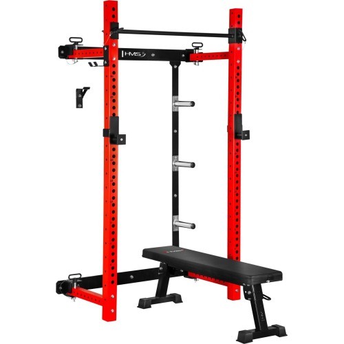 WALL-MOUNTED SLIDING POWER RACK WITH BENCH KLT34 RED HMS FITNESS