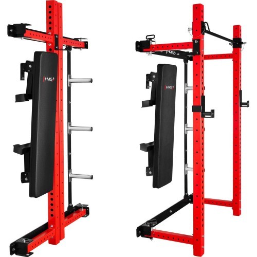 WALL-MOUNTED SLIDING POWER RACK WITH BENCH KLT34 RED HMS FITNESS