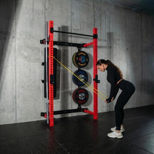 WALL-MOUNTED SLIDING POWER RACK WITH BENCH KLT34 RED HMS FITNESS