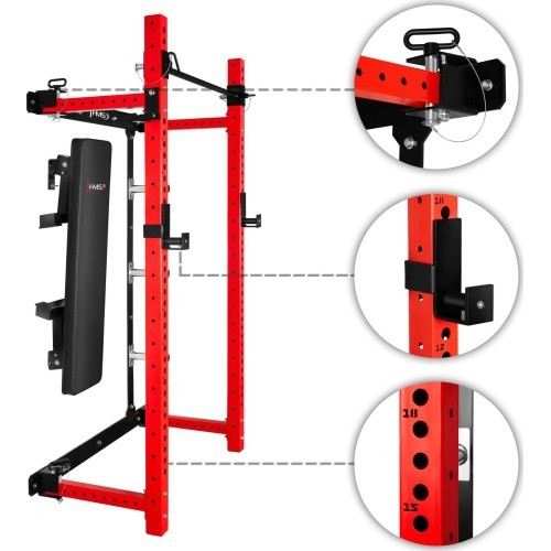 WALL-MOUNTED SLIDING POWER RACK WITH BENCH KLT34 RED HMS FITNESS
