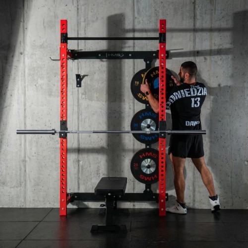 WALL-MOUNTED SLIDING POWER RACK WITH BENCH KLT34 RED HMS FITNESS