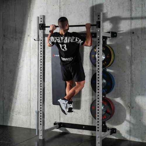 Pie sienas stiprināms bīdāms spēka statīvs ar soliņu KLT34 pelēks HMS Fitness