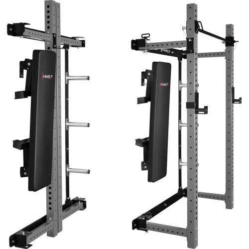 Pie sienas stiprināms bīdāms spēka statīvs ar soliņu KLT34 pelēks HMS Fitness