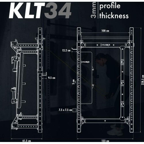 Pie sienas stiprināms bīdāms spēka statīvs ar soliņu KLT34 pelēks HMS Fitness