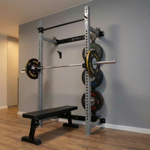Pie sienas stiprināms bīdāms spēka statīvs ar soliņu KLT34 pelēks HMS Fitness