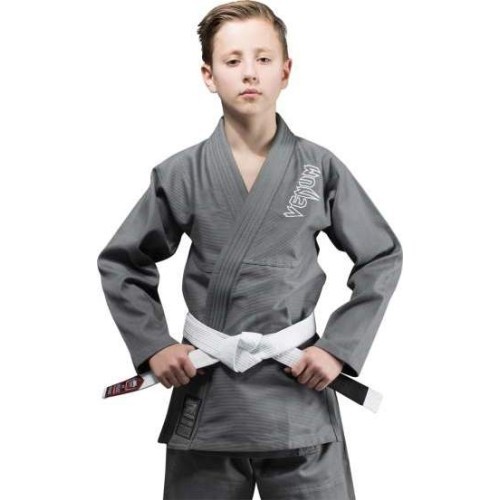 BJJ kimono Venum Contender Kids ar baltu jostu, pelēks