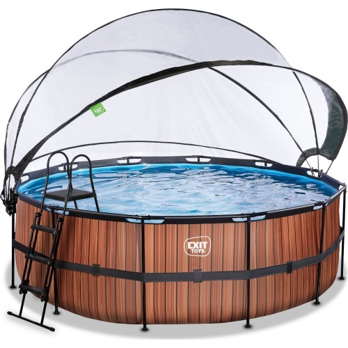 EXIT Wood pool ø427x122cm with sand filter pump and dome and heat pump - brown