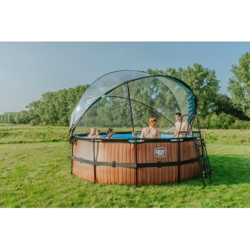 EXIT Wood pool ø427x122cm with sand filter pump and dome and heat pump - brown