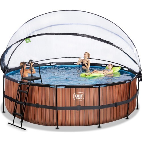 EXIT Wood pool ø488x122cm with sand filter pump and dome - brown