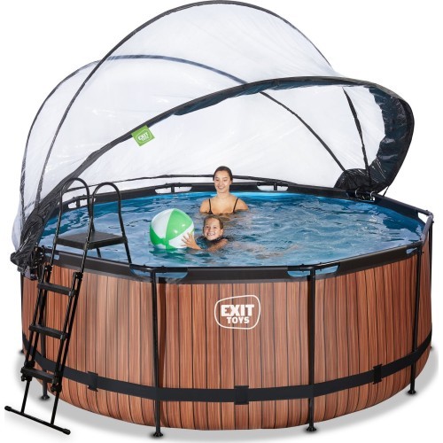 EXIT Wood pool ø360x122cm with dome and sand filter pump - brown