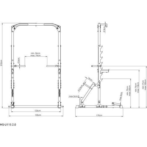 Half-rack cage (pull-up bar with stands and handrails + landmine handle) MS-U115 2.0 - Marbo Sport