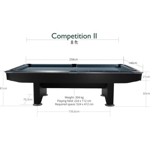 Biljarda galds Pool Competition II, matēts melns, 8 pēdas, Club Cloth dzelteni zaļš
