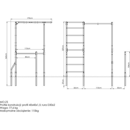 Outdoor ladder + pull-up bar with bag holder + handrails for dips (long) MO-Z5 - Marbo Sport