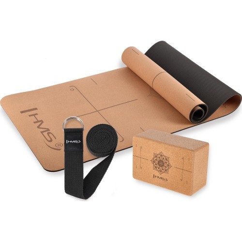 YOGA SET HMS CORK MAT TPE YM11 + BLOCK KJ02 + STRAP SJ02