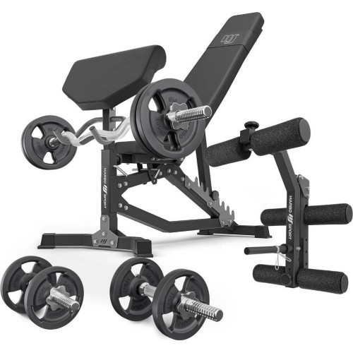 Marbo Sport MS39_2.0_42KG divpusējs regulējams treniņu sols ar bicepsu balstu, kāju presi un svaru komplektu 42 kg