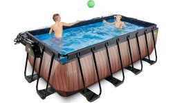 Baseins EXIT Wood 400x200x122 cm ar smilšu filtra sūkni, kupolu un siltumsūkni - brūns