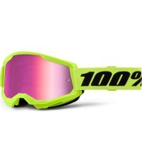 Junior Motocross Goggles 100% Strata 2 Junior Mirror - Neon Yellow, růžové plexi