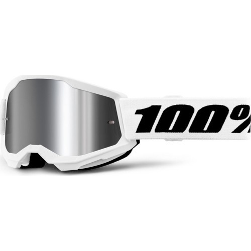 Junior Motocross Goggles 100% Strata 2 Junior Mirror - White, stříbrné plexi