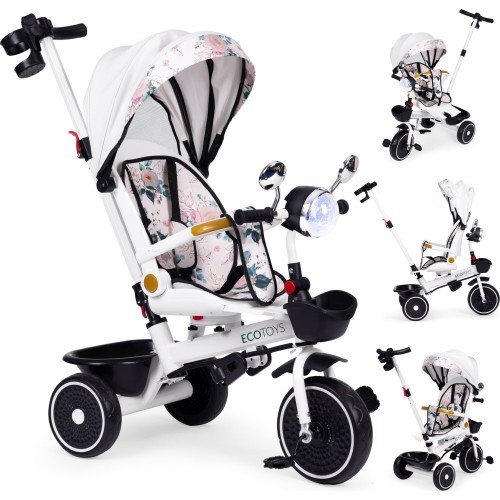 Bērnu trīsritenis ar grozāmu sēdekli, stumšanas rokturi un jumtiņu ECOTOYS