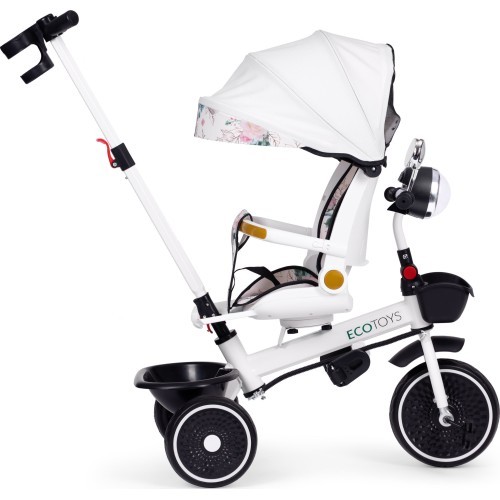 Bērnu trīsritenis ar grozāmu sēdekli, stumšanas rokturi un jumtiņu ECOTOYS