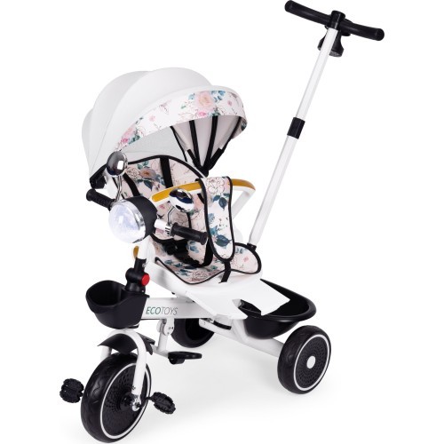 Bērnu trīsritenis ar grozāmu sēdekli, stumšanas rokturi un jumtiņu ECOTOYS