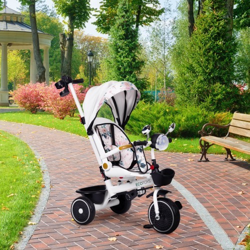 Детский трёхколёсный велосипед с поворотным сиденьем, ручкой и тентом ECOTOYS