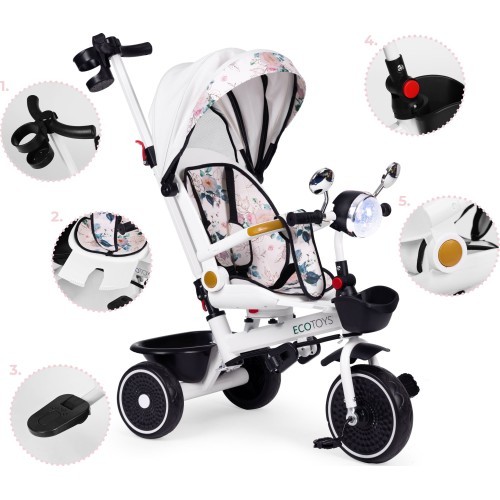 Bērnu trīsritenis ar grozāmu sēdekli, stumšanas rokturi un jumtiņu ECOTOYS