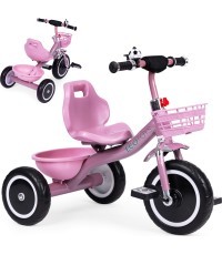 Trīsritenis ar neslīdošiem rokturiem, zvaniņu un grozu, rozā ECOTOYS