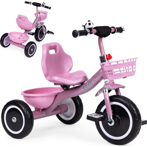 Trīsritenis ar neslīdošiem rokturiem, zvaniņu un grozu, rozā ECOTOYS