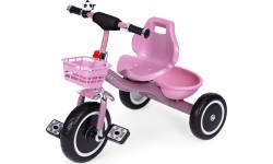 Trīsritenis ar neslīdošiem rokturiem, zvaniņu un grozu, rozā ECOTOYS