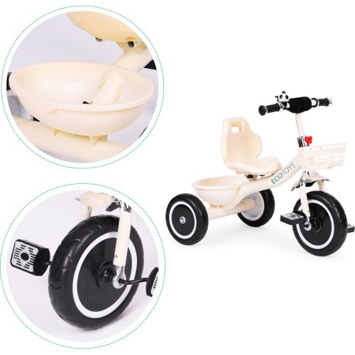 Trīsritenis ar neslīdošiem rokturiem, zvaniņu un grozu, smilškrāsas ECOTOYS