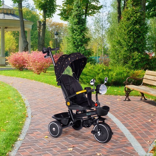 Bērnu trīsritenis ar grozāmu sēdekli un stumšanas rokturi, melns ECOTOYS