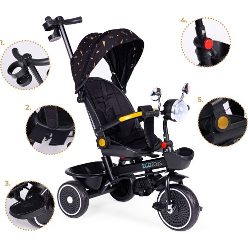 Children's tricycle stroller swivel seat pusher black ECOTOYS