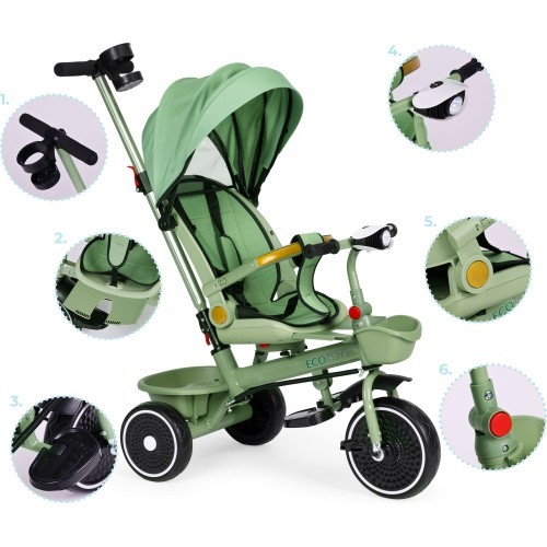 Tricycle stroller tricycle 2-in-1 swivel seat folding canopy green - ECOTOYS